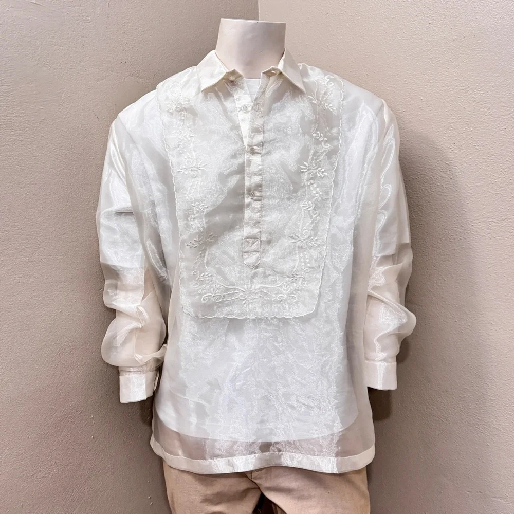 Men’s Filipino Traditional Sheer Ivory Barong - Picture 1 of 12